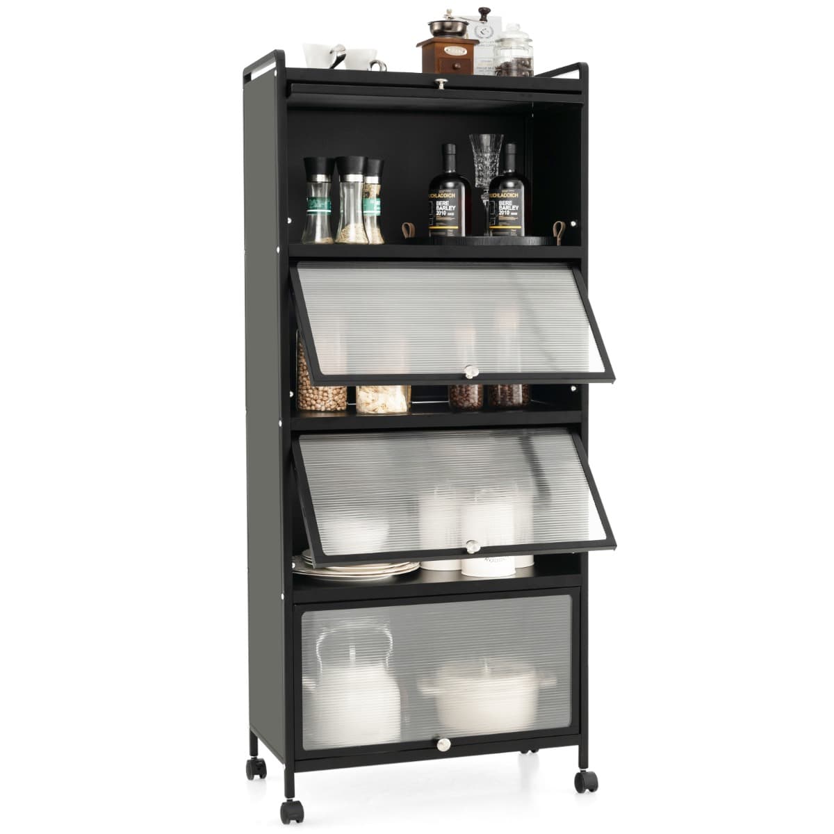 Étagère de Cuisine 5 Niveaux avec 4 Portes PC Escamotables Meuble de Rangement avec 4 Roues pour Sal