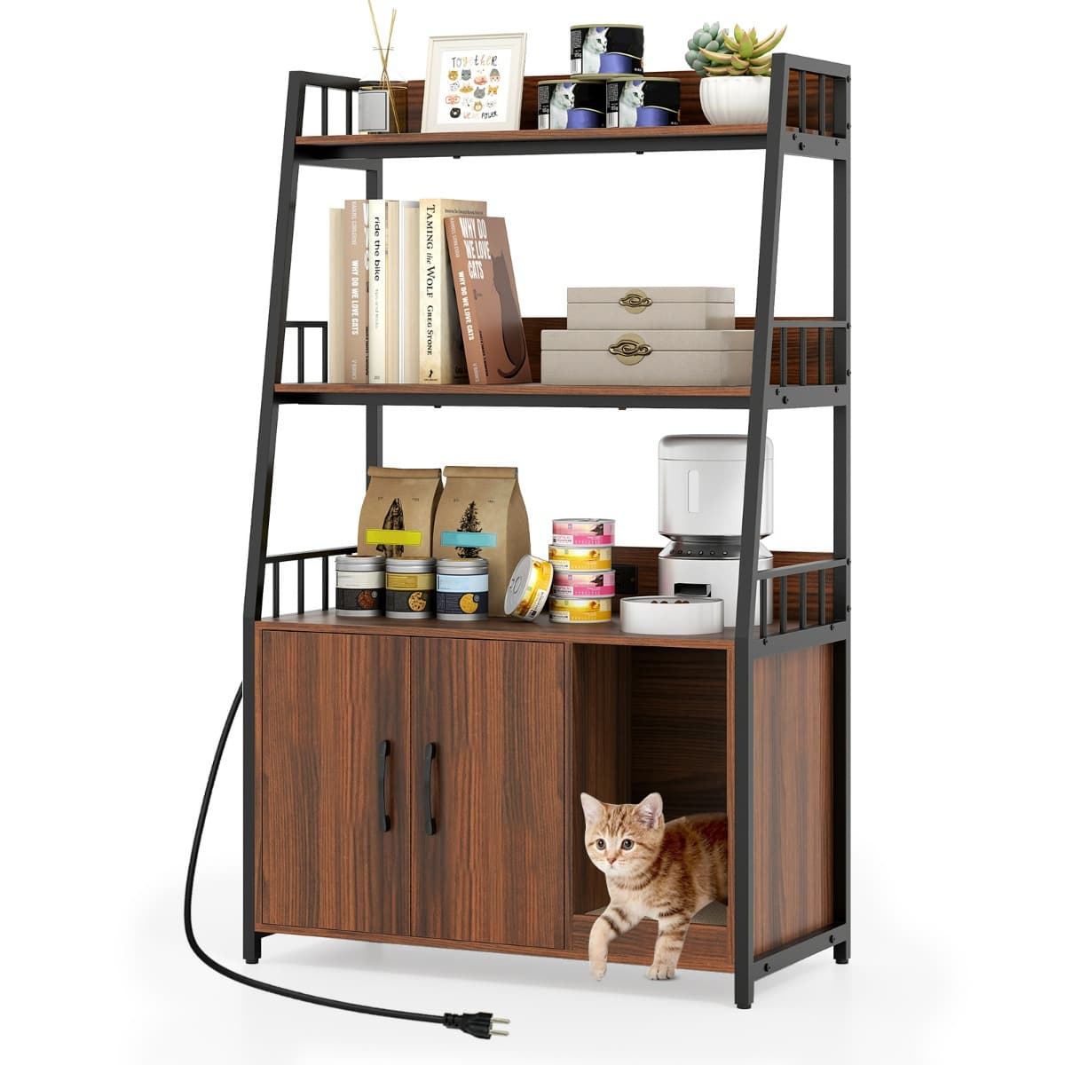 CostwayEnclos de Bac à Litière pour Chat avec Étagères de Rangement Grand Meuble de Toilettes Caché pour Chat avec Griffoir Noyer + Noir