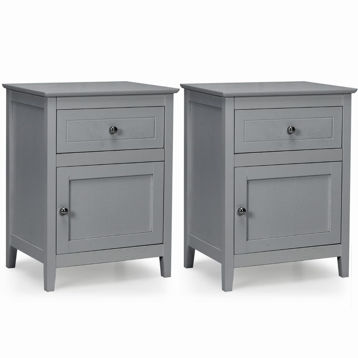 CostwayLot de 2 Tables de Chevet avec Tiroir et Grand Placard 48 x 38 x 63,5 CM (L×l×H) 2 Tables de Nuit avec Pieds en Bois Massif Gris