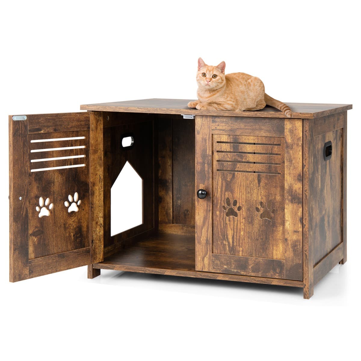 CostwayMaison de Toilette pour Chat Double Porte, 70 x 51,5 x 50 cm Trous d’Aérations sur Côté Brun Rustique
