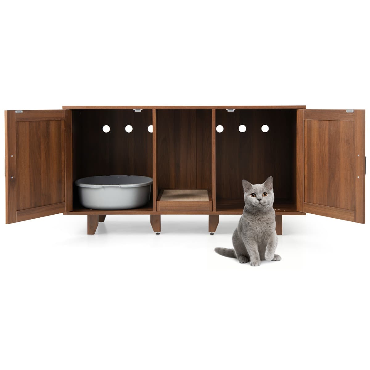 CostwayMaison de Toilette pour Chat 2 Portes Planche à Gratter Amovible Meuble Bac à Litière pour Chat 2 Compartiments Café